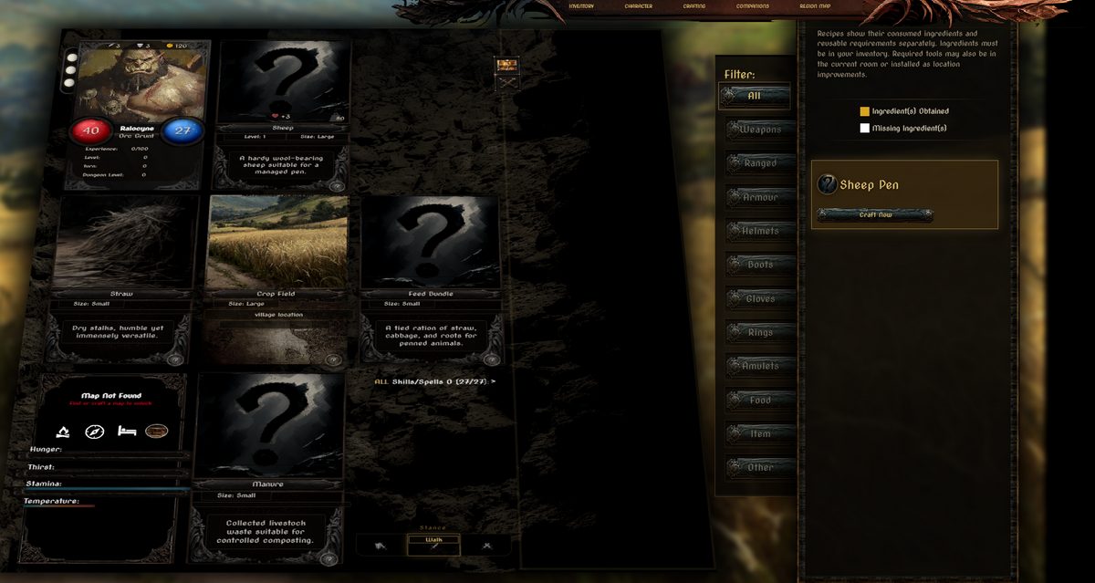 Crafting overlay showing the Sheep Pen recipe with a Craft Now button