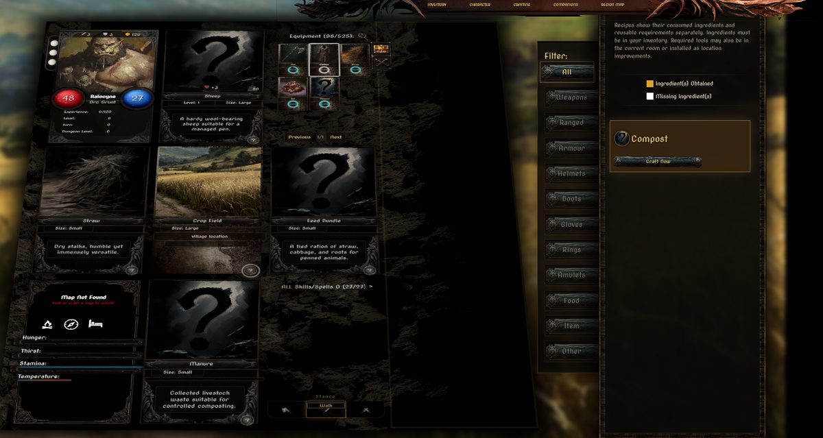 Crafting overlay showing the Compost recipe with a Craft Now button