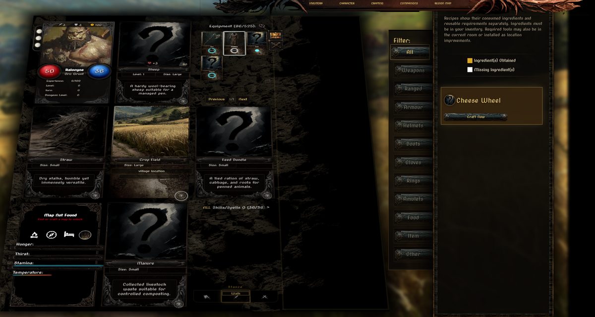 Crafting overlay showing the Cheese Wheel recipe with a Craft Now button