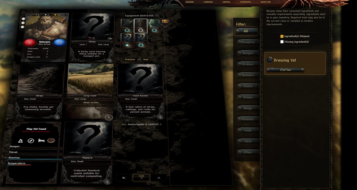 Crafting overlay showing the Brewing Vat recipe with a Craft Now button