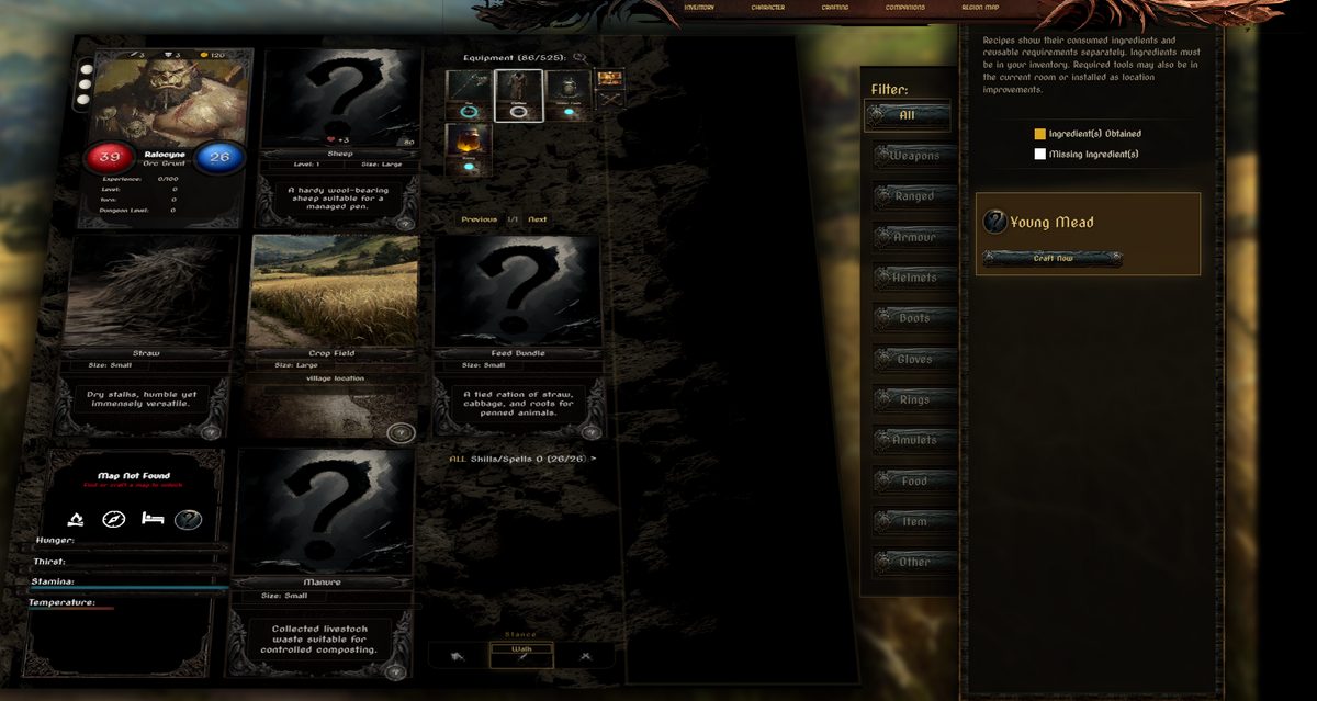 Crafting overlay showing the Young Mead recipe with a Craft Now button