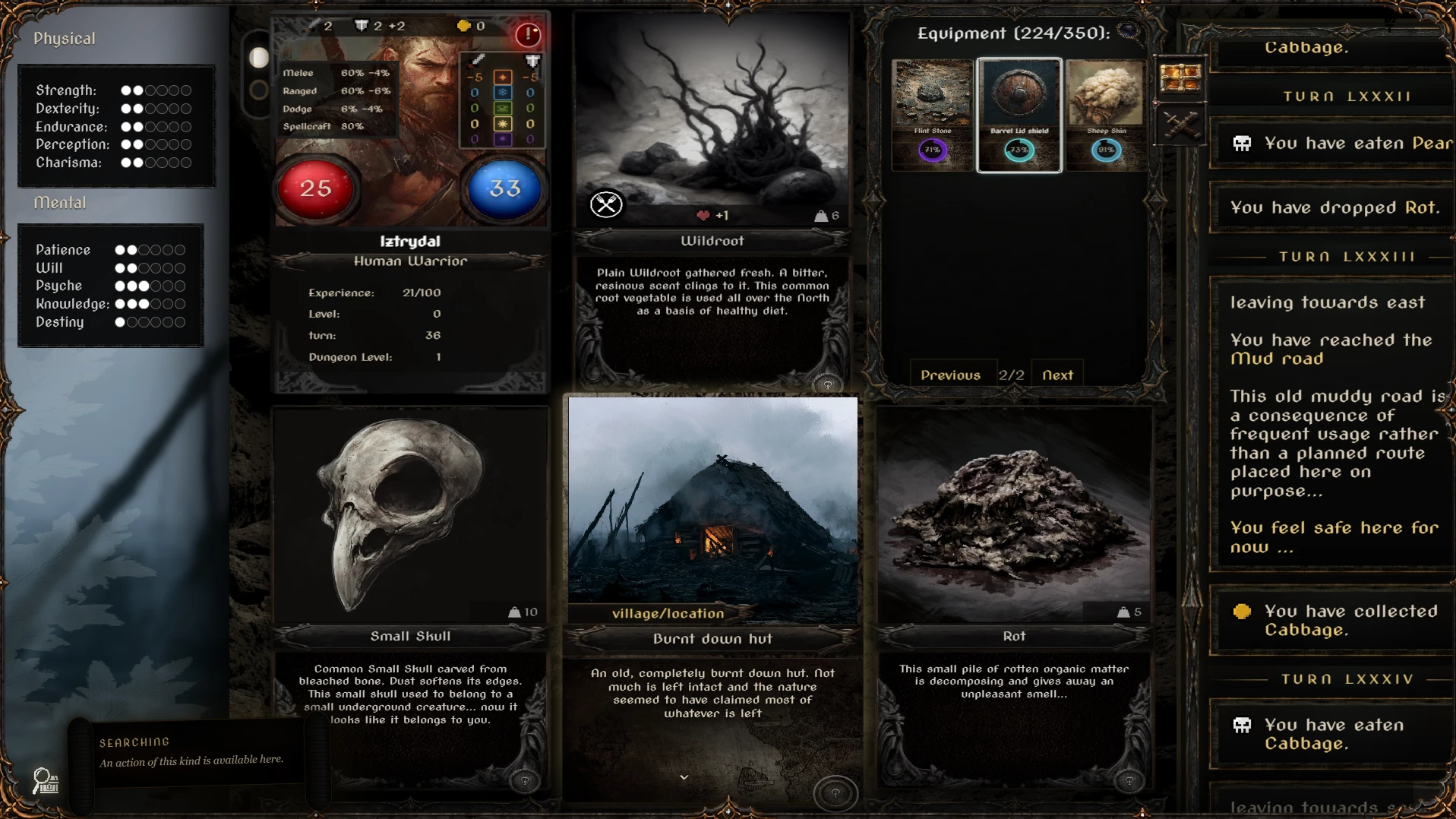 Ethernalis exploration screen with a burnt hut, loot, and the chronicle