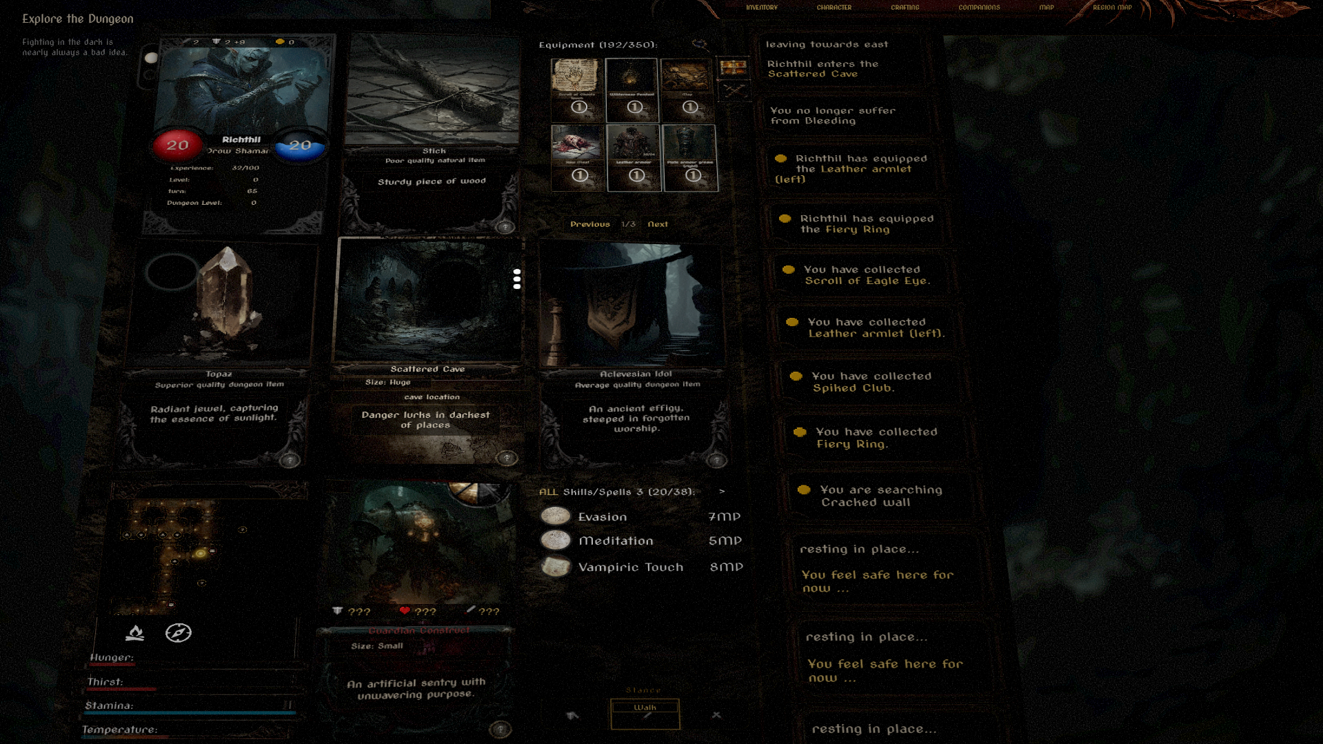 Ethernalis exploration screen with five-card field and chronicle