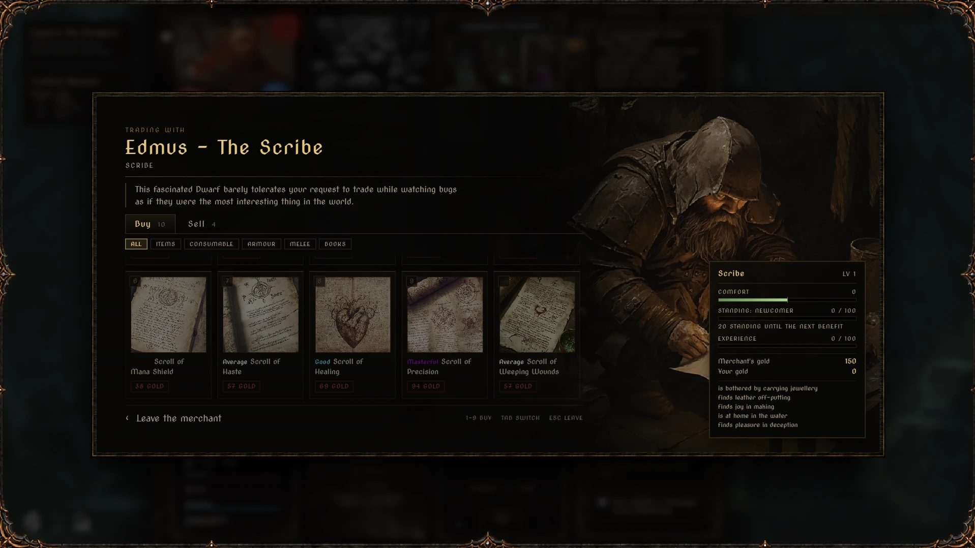 Ethernalis merchant trade screen with a dwarf scribe