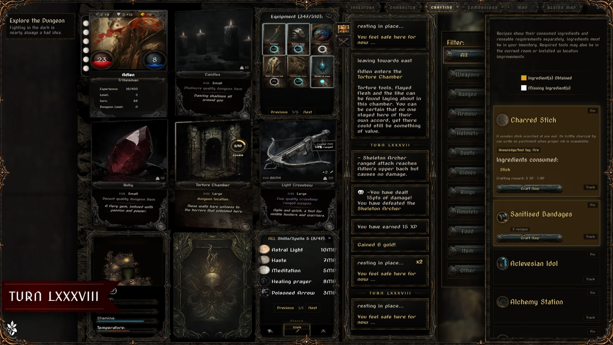 Ethernalis seasoned hero in a torture chamber with a full inventory and spell list