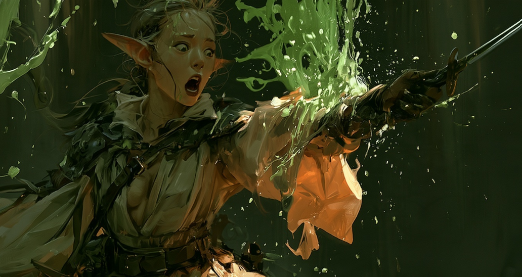 An elven adventurer recoils as green magic bursts across her outstretched arm